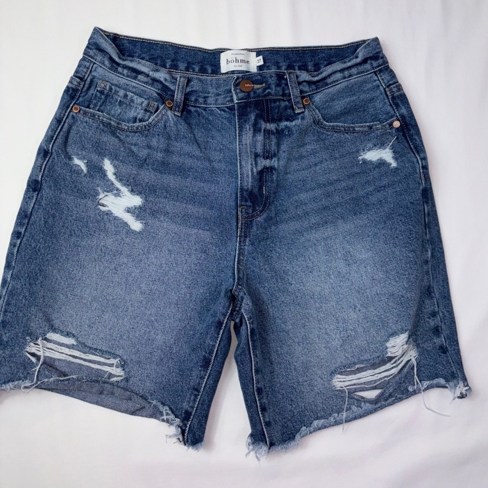 Bohme Denim Shorts Women's Size‎ 27 Blue Distressed Ripped Raw Hem High Rise
